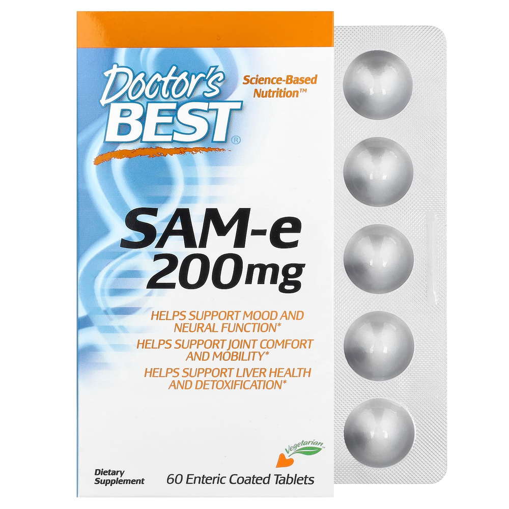 Doctor's Best, SAM-e, 200 мг, 60 таблеток, покрытых кишечнорастворимой оболочкой