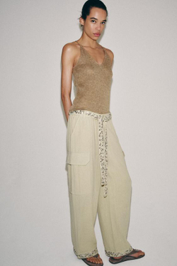 ZARA БРЮКИ КАРГО С ПАЙЕТКАМИ — ZW COLLECTION, СВЕТЛЫЙ ХАКИ