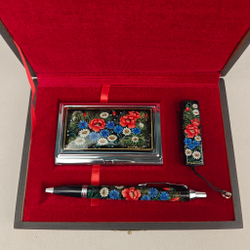 Набор "Полевые цветы" визитница, флешка и ручка Parker с ручной росписью Палех в футляре