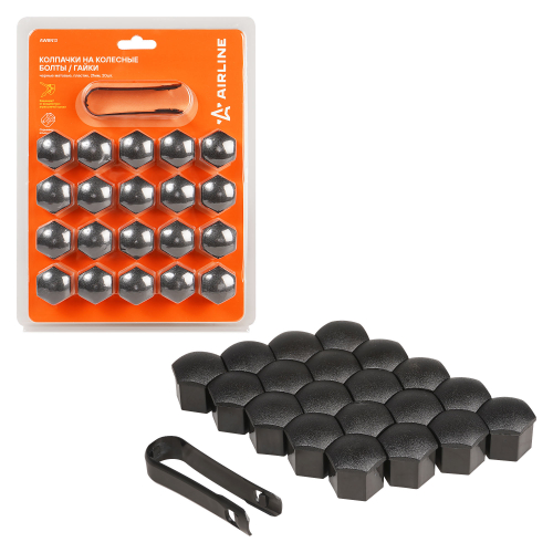 Колпачки на колесные болты и гайки 21 мм 20 шт +съёмник черные матовые пластик Airline