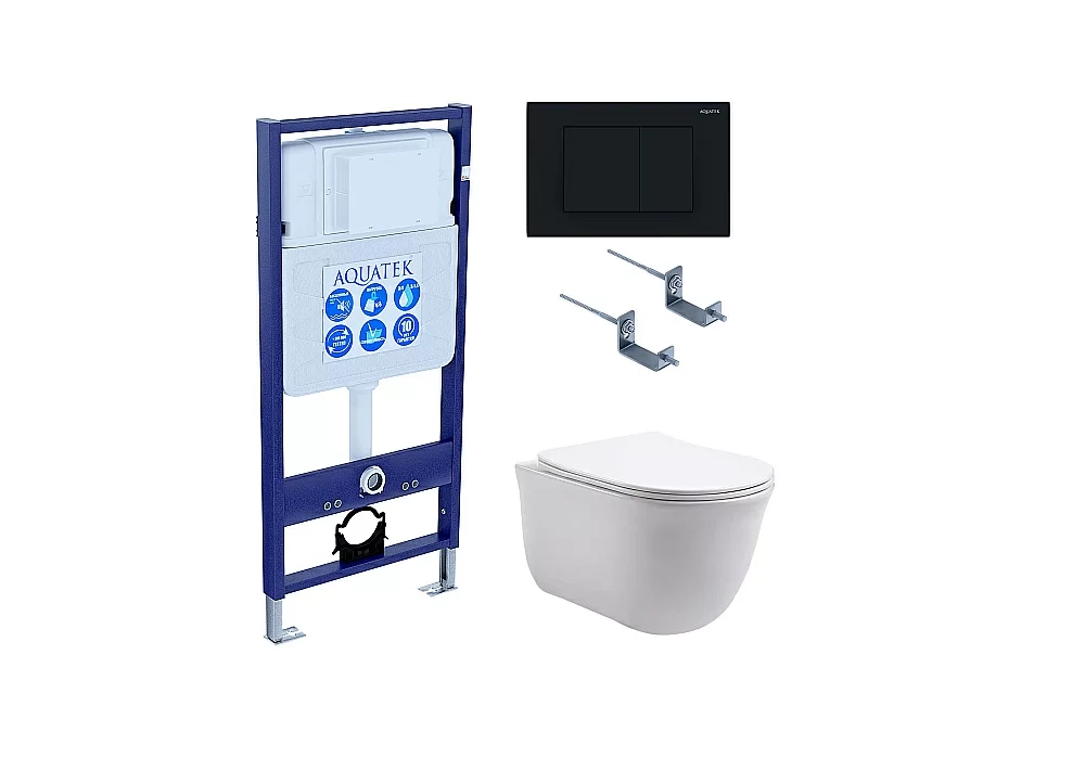 Унитаз с инсталляцией Aquatek Классик SET AQUATEK КЛАССИК-012 4в1 с черной матовой кнопкой, с крышкой микролифт, безободковый