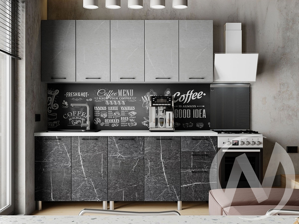 Кухня Мэйбл 2.0м (корпус белый/мрамор лайт; мрамор дарк) 38мм мрамор итальянский