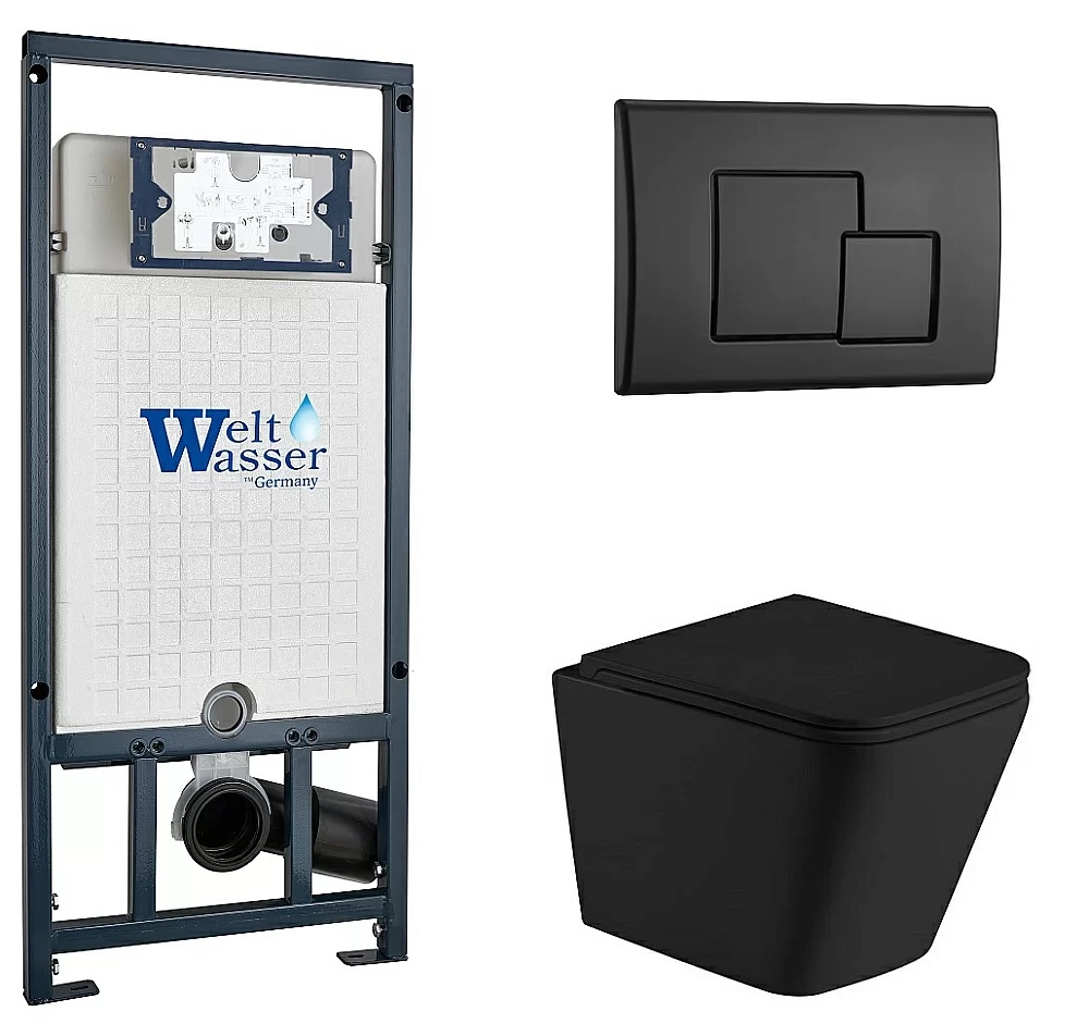 Унитаз подвесной WeltWasser MARBERG 507 + GELBACH 043 MT-BL + MAR 507 SE MT-BL черный матовый, безободковый, с крышкой микролифт, слив-торнадо, с инсталляцией и черной матовой кнопкой