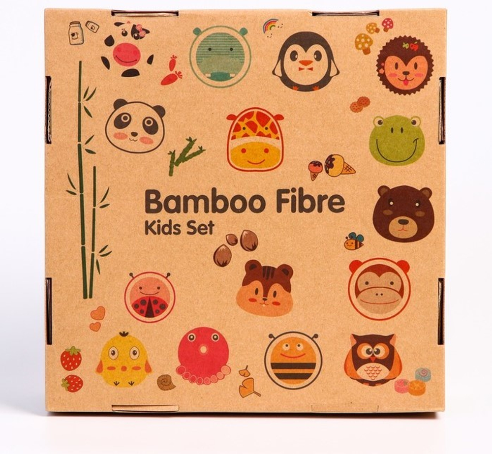 4591123 Набор бамбуковой посуды "Китенок",тарелка, миска, кружка, приборы, 5 предметов