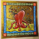 Картина "Двуглавое животное с яблоками". Золотой акрил на картоне. Авторская работа, оригинал. Серия: фантастические вымышленные животные