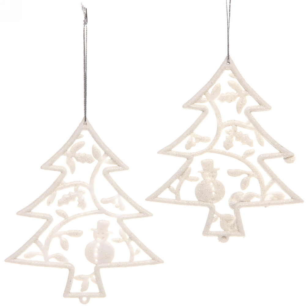 Подвески в блестках «Елочки новогодние» 12 см (набор 2шт), белый
