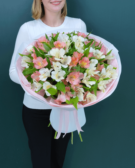 Букет белая и розовая альстромерия 15 шт(00173)