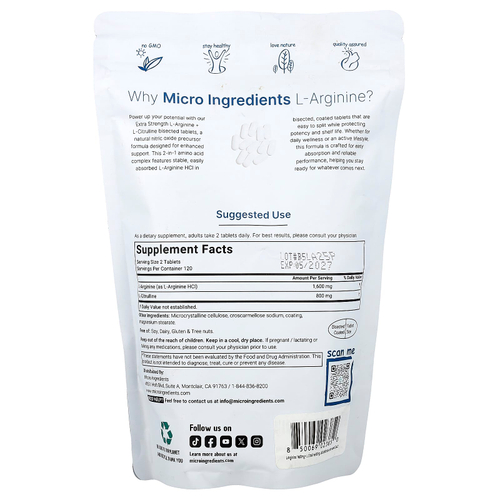 Micro Ingredients, L аргинин + L-цитруллин, 240 разделенных на части таблеток