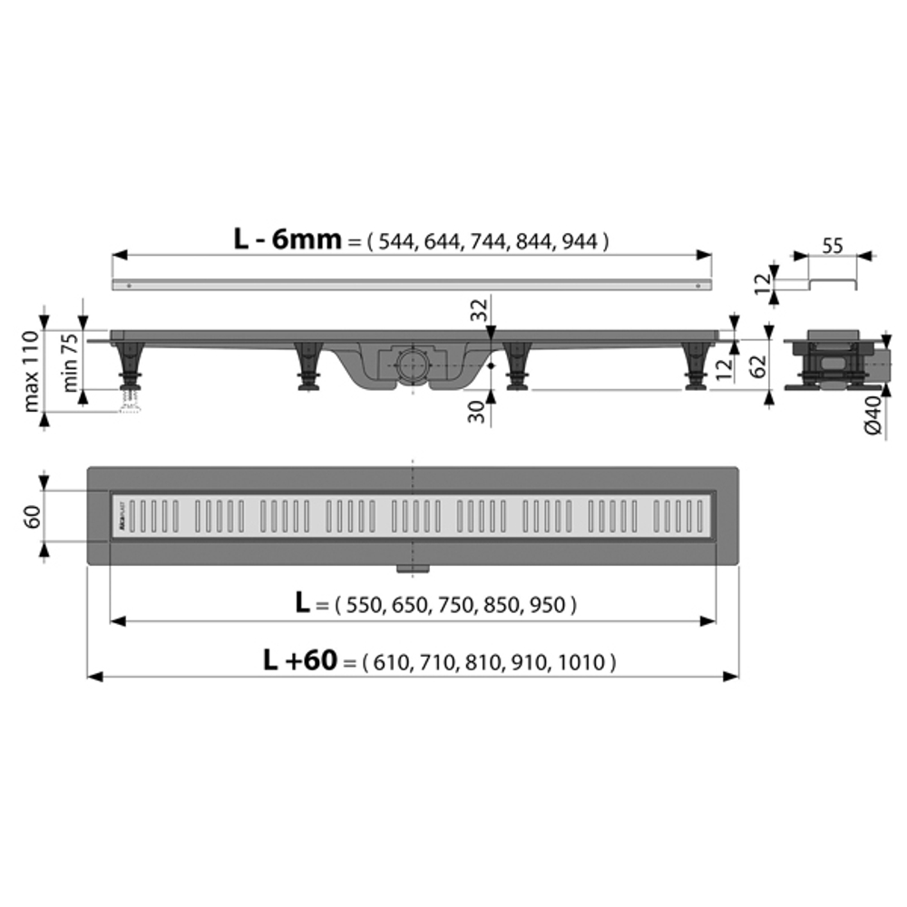 Душевой лоток Alcadrain Simple с решеткой, хром (APZ10-850M)