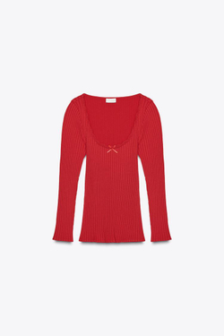 ZARA БЕСШОВНЫЙ ТОП В РУБЧИК С БАНТОМ, КРАСНЫЙ