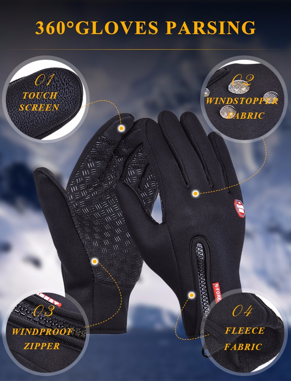 Перчатки зимние, Winter gloves, Material: Спандекс, Нейлон, Хлопок, вес: 86 г, черные, Размер L