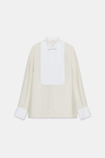 ZARA РУБАШКА С НАГРУДНИКОМ ИЗ 100% ШЕЛКА — ZW COLLECTION, ЦВЕТ СЛОНОВОЙ КОСТИ