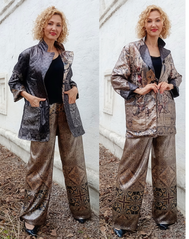 Комплект (двусторонний жакет и брюки) «Вечернее серебро» (коллекция "Сны белого камня"), по мотивам белокаменной резьбы домонгольских соборов Владимирской земли