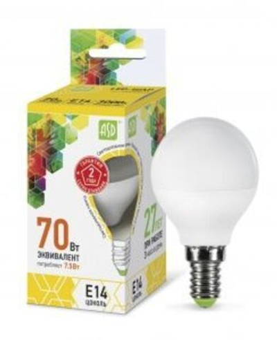 Лампа светодиодная LED-ШАР 7,5Вт 220В Е14 3000К 600Лм ASD РАСПРОДАЖА