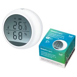 USN-A502 TS-WF WHITE Умный датчик температуры и влажности Wi-Fi. с экраном. на батарейках AAAx2 н-к адаптер 5V н-к. Звуковое+PUSH оповещение. Накладной. Белый. Приложение UnielSmart. TM Uniel