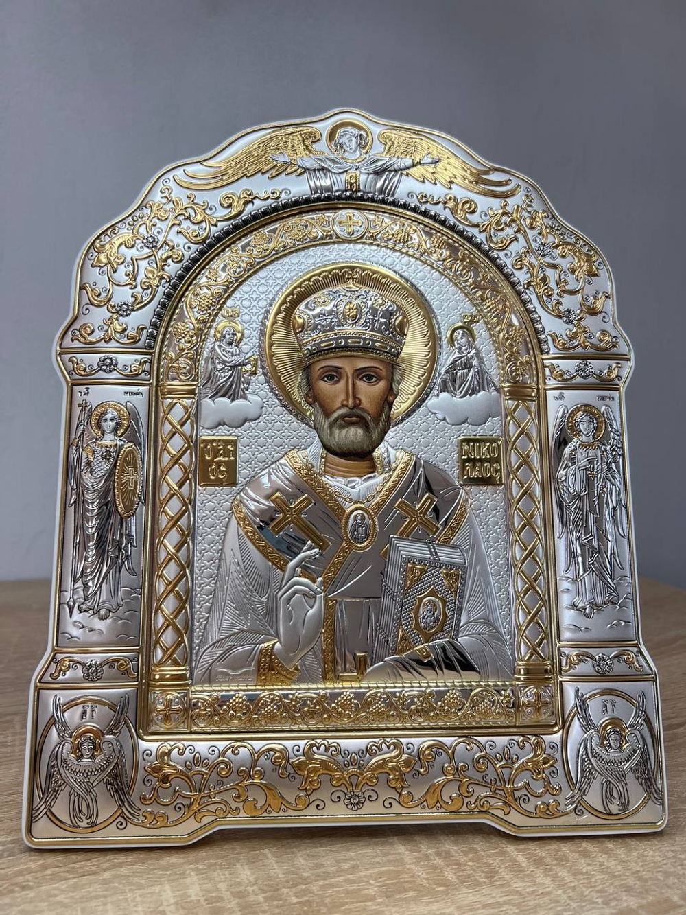 Николай Чудотворец, икона арочная с рамкой, белое дерево 206х270