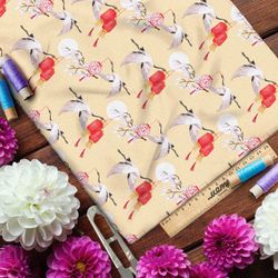 Ткань кулирная гладь летящие аисты и красные фонари на ветвях