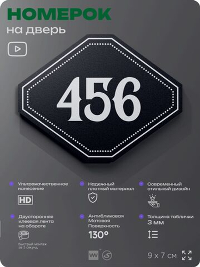 Номерок на дверь квартиры 456, для кабинета, офиса, шильдик 9 х 7 см, черный, Айдентика Технолоджи
