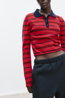 ZARA СВИТЕР В ПОЛОСКУ С ВОРОТНИКОМ ПОЛО, КРАСНЫЙ