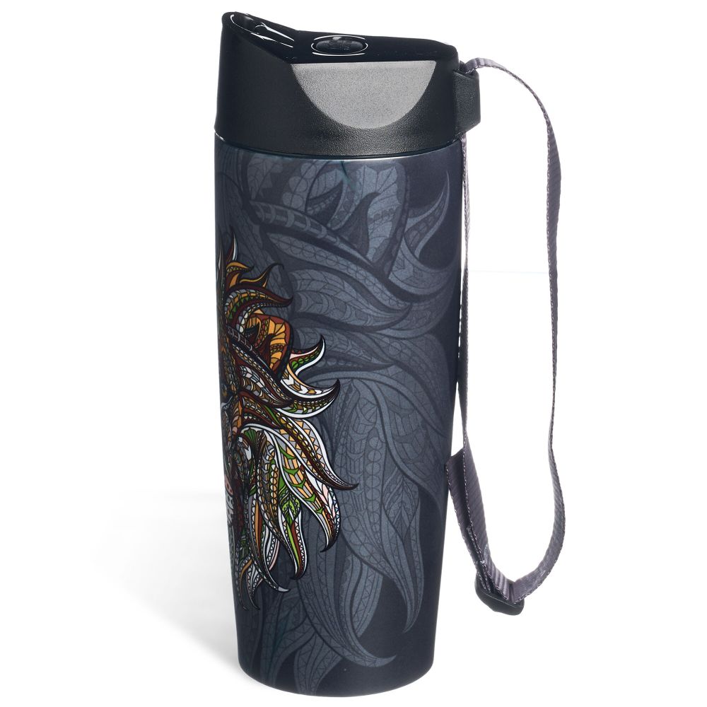 ТЕРМОКРУЖКА AGNESS "ЛЕВ" С КНОПКОЙ-СТОППЕРОМ, 360МЛ КОЛБА НЕРЖ.СТАЛЬ 18/10