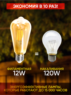 Лампочка винтажная, ретро, декоративная лампа Е27, 12 Вт