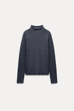 ZARA ТРИКОТАЖНЫЙ ТОП С ВЫСОКИМ ВОРОТОМ, СИНИЙ