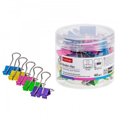 Зажимы для бумаг, Hatber, Binder clips, 19 мм, ассорти, металл, 1