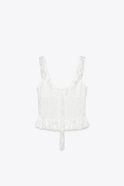 ZARA КРУЖЕВНОЙ ТОП С ВОЛАНАМИ, БЕЛЫЙ