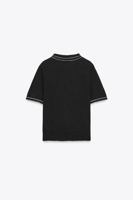 ZARA ТРИКОТАЖНЫЙ ТОП ПОЛО С КОНТРАСТНОЙ ОТДЕЛОЧНОЙ СТРОЧКОЙ, ЧЕРНЫЙ