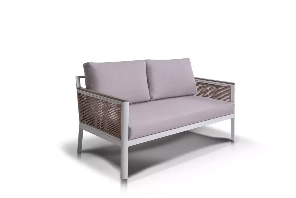 "Сан Ремо" диван 2-местный плетеный из роупа, каркас алюминий белый, роуп бежевый, ткань бежевая