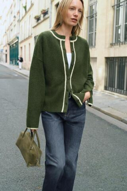 ZARА ВЯЗАНЫЙ КАРДИГАН С КОНТРАСТНЫМИ ПОЛОСАМИ, ЗЕЛЕНЫЙ