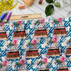 Ткань атлас яркие розы в горшке с мозаикой