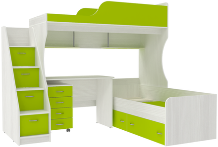 Двухъярусная кровать КарИВи Дуэт-5 с лестницей Комод КарИВиом Белое Дерево Лайм