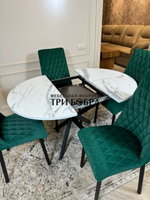 Круглый раздвижной стол "Лофт", итальянский мрамор и стулья "Бентли" изумруд