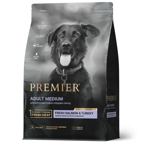 Сухой корм Premier Dog Salmon&Turkey Adult Medium для собак средних пород из свежего филе лосося с индейкой
