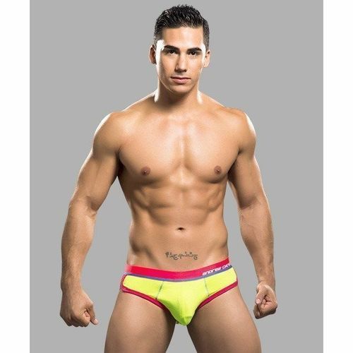 Мужские трусы брифы салатовые с красной резинкой Andrew Christian