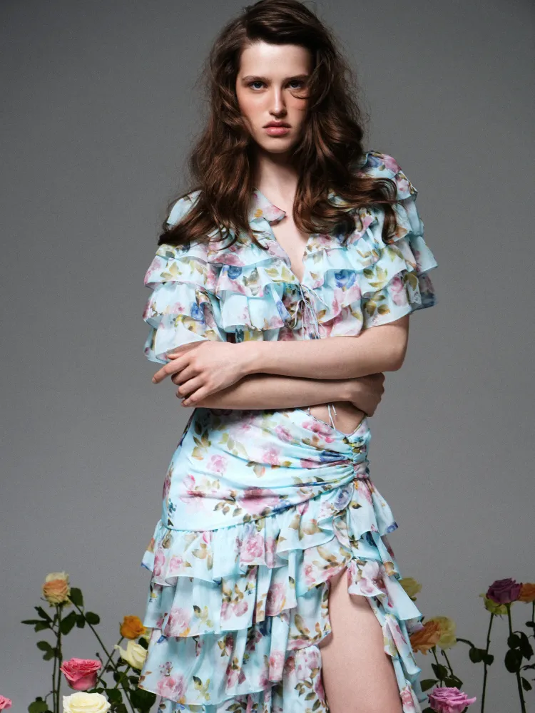 Муза (Muza), кроп топ из голубого шифона с цветочным принтом