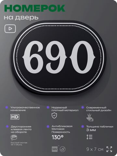 Номерок на дверь квартиры 690, для кабинета, офиса, шильдик 9 х 7 см, черный, Айдентика Технолоджи