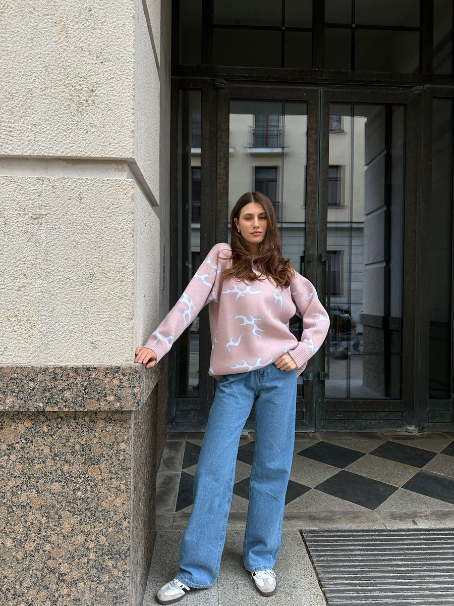 Свитер кораллы пудровый с белым