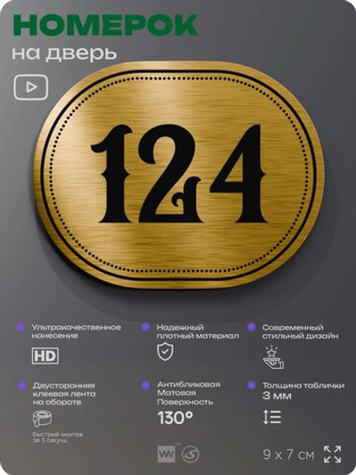 Номерок на дверь квартиры 124, для кабинета, офиса, шильдик 9 х 7 см, золотистый, Айдентика Технолоджи