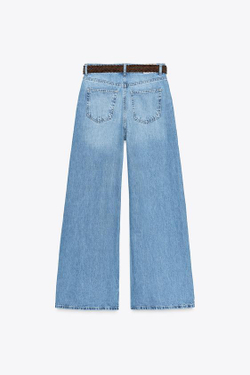 ZARA ДЖИНСЫ Z1975 WIDE LEG С ВЫСОКОЙ ПОСАДКОЙ И ПЛЕТЕНЫМ РЕМНЕМ, ПОЛНОЙ ДЛИНЫ, ВЫЦВЕТШИЙ СИНИЙ