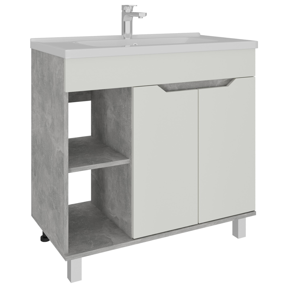 AVK2. Тумба напольная, 2 Двери + Ниша, 800, коллекция (Ангелика, опора Пластиковая, Cersanit Como, Ателье Светлое, Ателье Светлое, Молочный глянец)