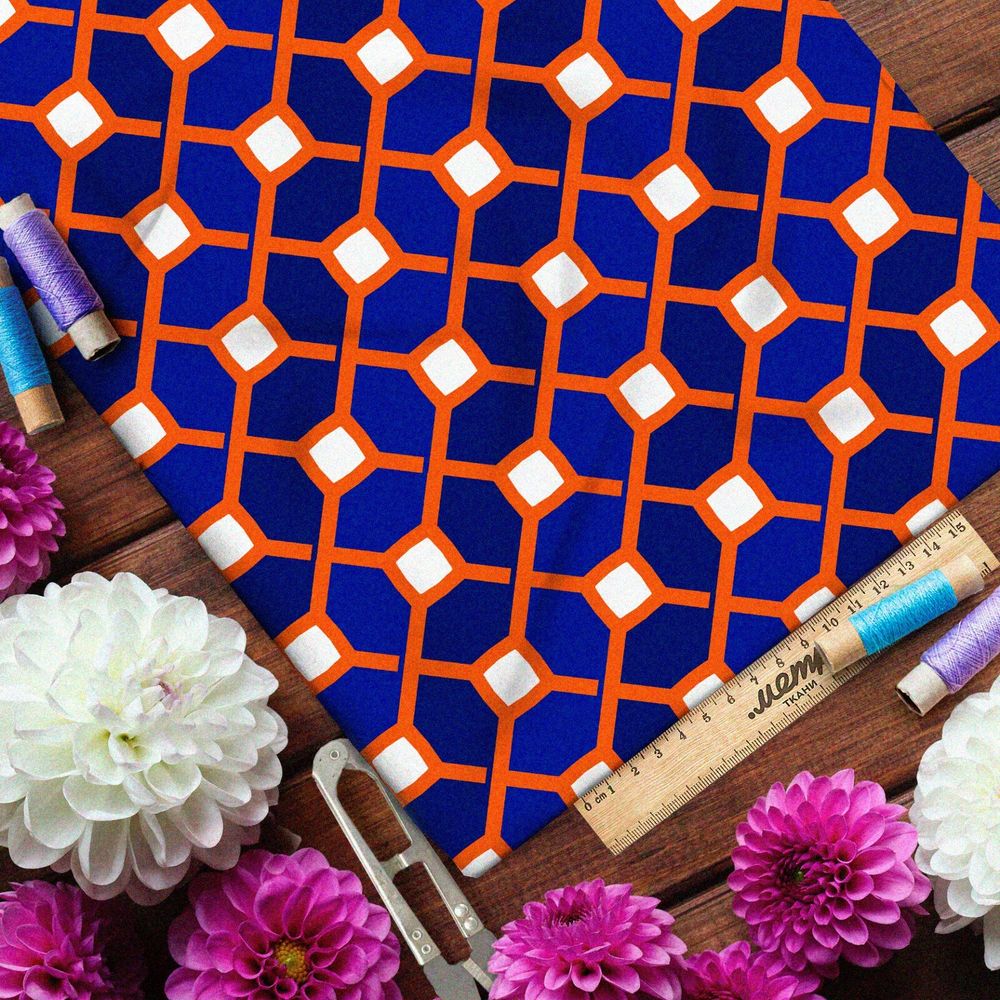 Ткань шифон синий графичный узор с оранжевыми полосами
