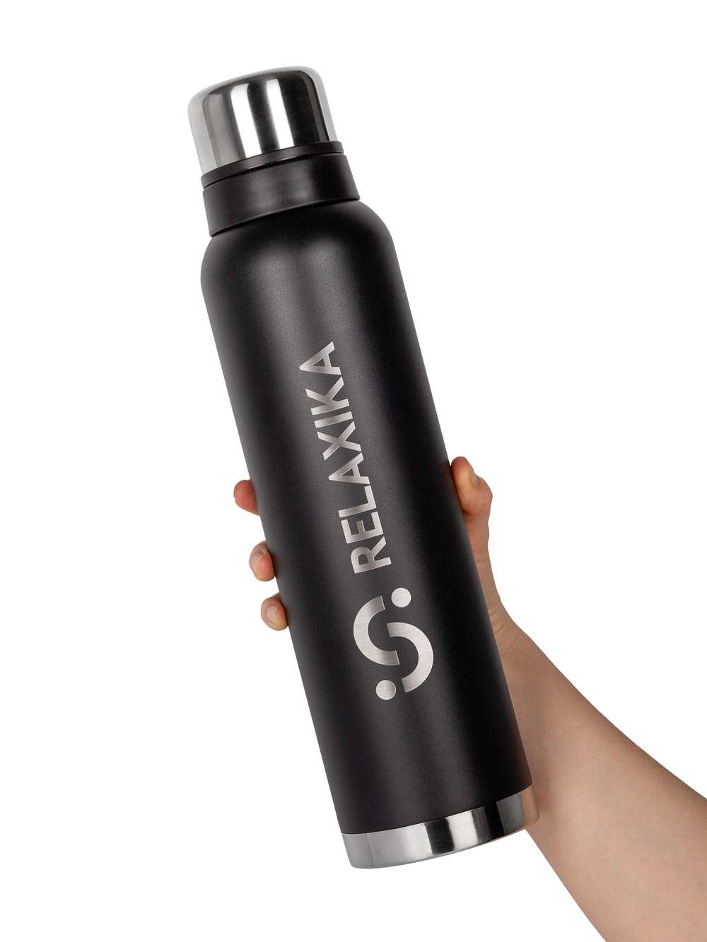 Термос Relaxika 103 (1,6 литра), черный (стикерпак "Зимний спорт")