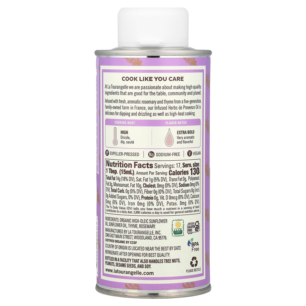 La Tourangelle, Infused Herbs De Provence Oil, свежий розмарин и чабрец, 250 мл (8,45 жидк. Унции)
