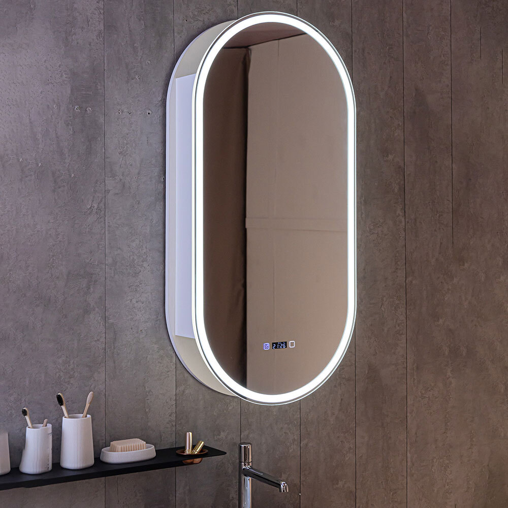 Зеркало-шкаф с подсветкой Savage, 50х100 см (сенсорный выключатель, часы, подогрев, белый корпус)