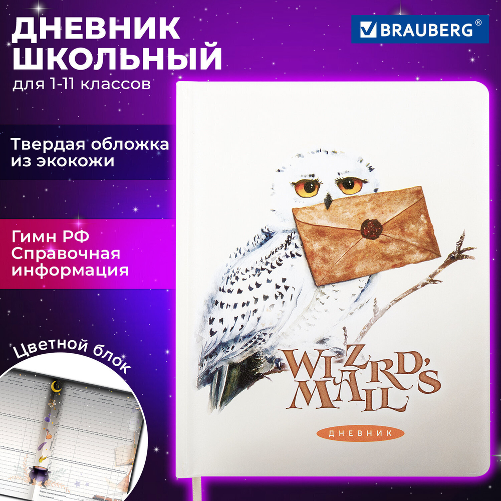 Дневник 1-11 класс 48 л. кожзам (твердая с поролоном) печать цветной блок BRAUBERG "Сова" (2 штуки в упаковке)