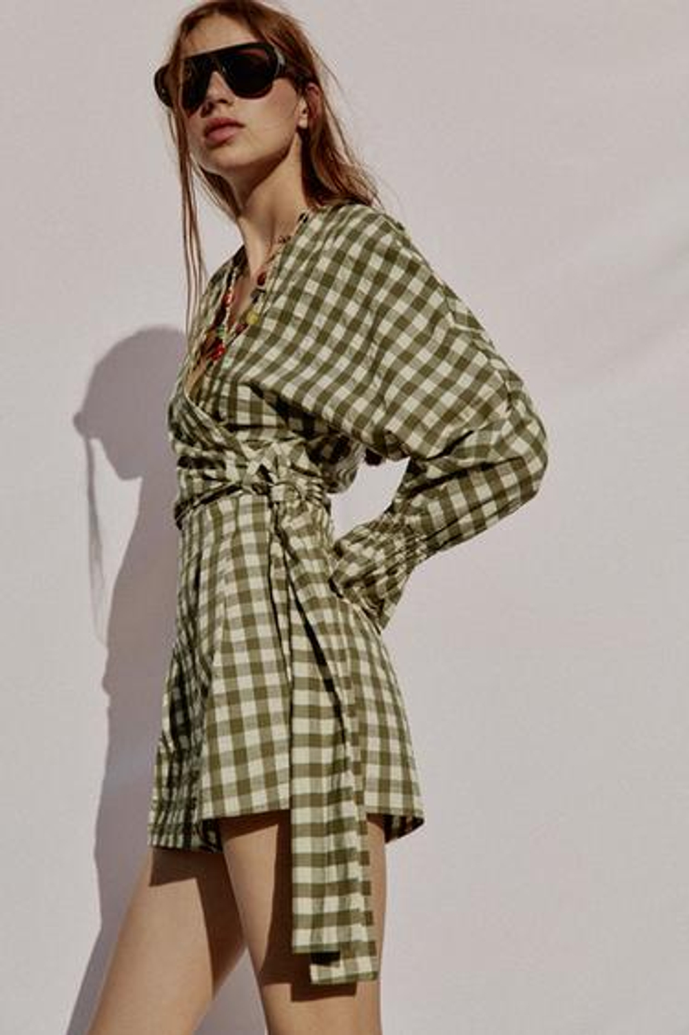 ZARA ШОРТЫ В КЛЕТКУ ВИШИ, МЯГКИЙ ЗЕЛЕНЫЙ