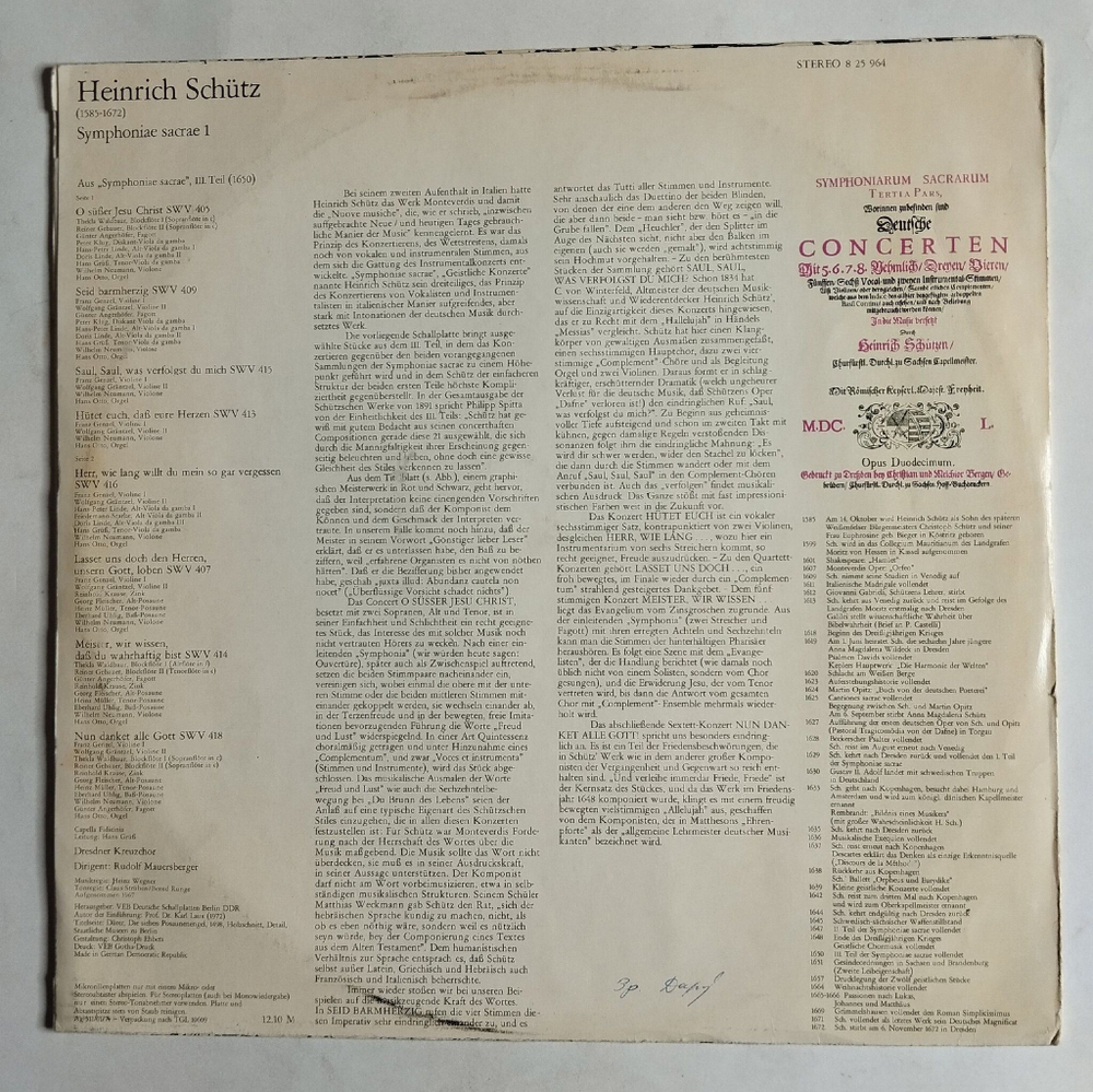Винтажная виниловая пластинка LP Schuetz Шютц Генрих Dresdner Kreuzchor and Rudolf Mauersberger Symphoniae sacrae 1 (ГДР 1974)