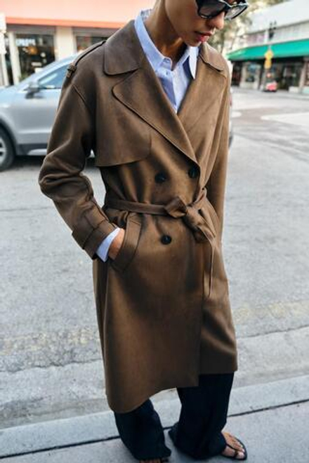 ZARA ДЛИННЫЙ ТРЕНЧ ИЗ ИСКУССТВЕННОЙ ЗАМШИ С ПОЯСОМ, КОРИЧНЕВЫЙ